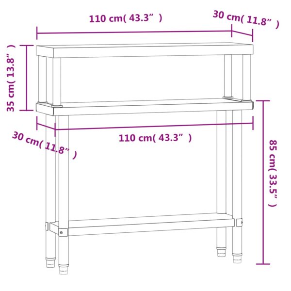 vidaXL Kitchen Work Table with Overshelf 43.3"x11.8"x47.2" Stainless Steel - Image 8