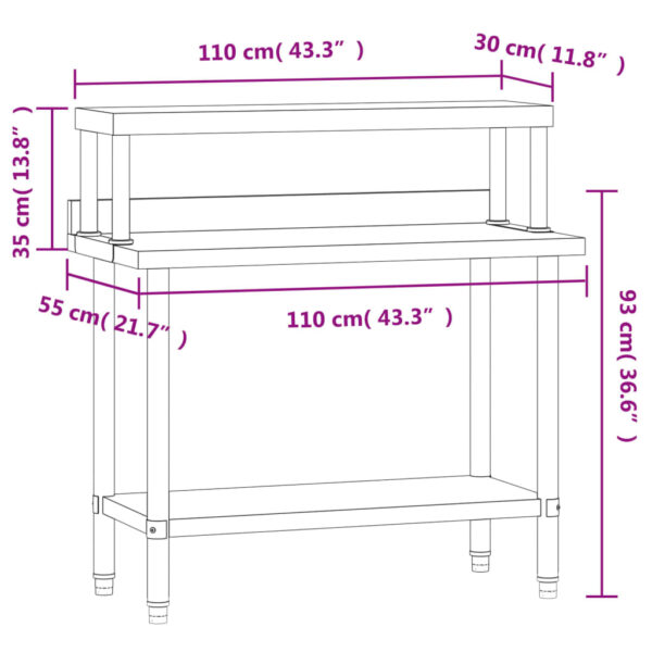 vidaXL Kitchen Work Table with Overshelf 43.3"x21.7"x47.2" Stainless Steel - Image 8