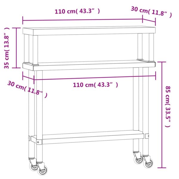 vidaXL Kitchen Work Table with Overshelf 43.3"x11.8"x47.2" Stainless Steel - Image 8