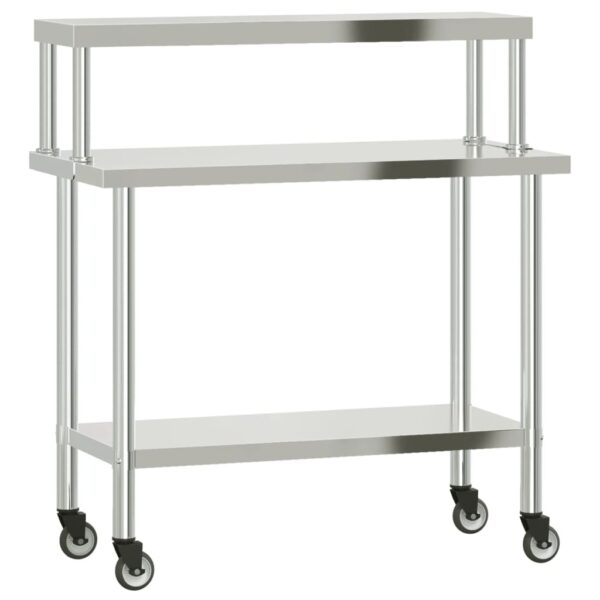 vidaXL Kitchen Work Table with Overshelf 43.3"x21.7"x47.2" Stainless Steel - Image 2