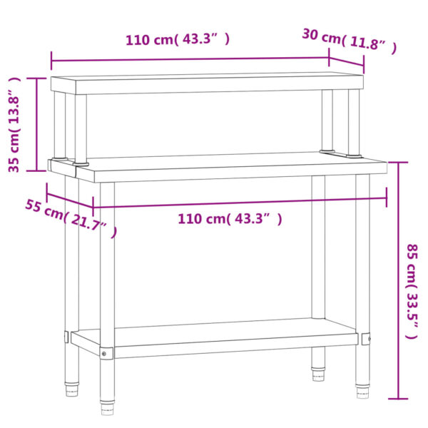 vidaXL Kitchen Work Table with Overshelf 43.3"x21.7"x47.2" Stainless Steel - Image 8