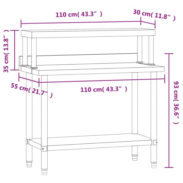 vidaXL Kitchen Work Table with Overshelf 43.3"x21.7"x47.2" Stainless Steel - Image 8