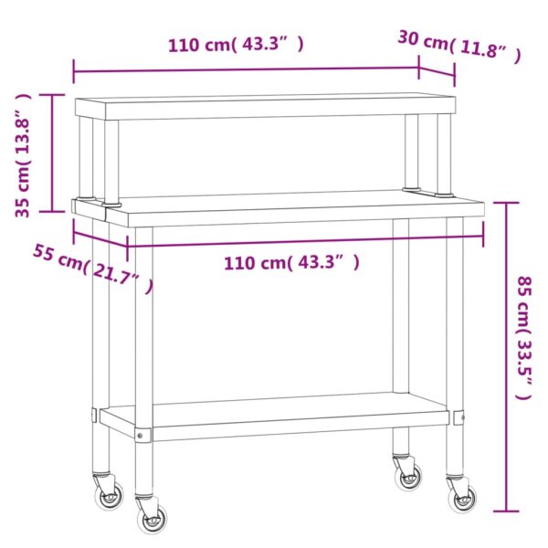 vidaXL Kitchen Work Table with Overshelf 43.3"x21.7"x47.2" Stainless Steel - Image 8