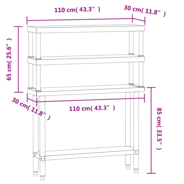 vidaXL Kitchen Work Table with Overshelf 43.3"x11.8"x59.1" Stainless Steel - Image 8