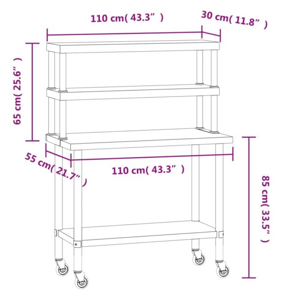 vidaXL Kitchen Work Table with Overshelf 43.3"x21.7"x59.1" Stainless Steel - Image 8