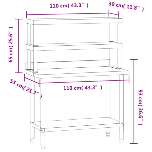 vidaXL Kitchen Work Table with Overshelf 43.3"x21.7"x59.1" Stainless Steel - Image 8