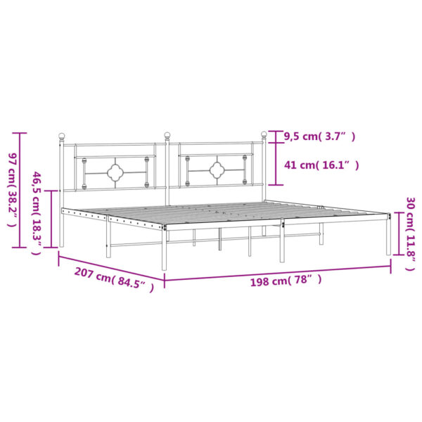 vidaXL Metal Bed Frame with Headboard Black 76"x79.9" King - Image 11