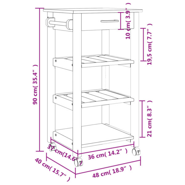 vidaXL Kitchen Trolley MONZA 18.9"x15.7"x35.4" Solid Wood Pine - Image 9