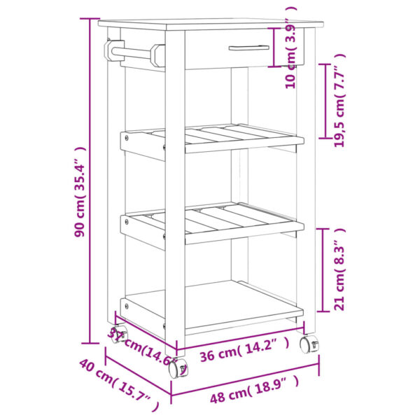 vidaXL Kitchen Trolley MONZA 18.9"x15.7"x35.4" Solid Wood Pine - Image 9