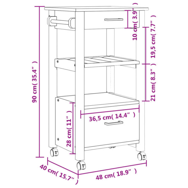 vidaXL Kitchen Trolley MONZA 18.9"x15.7"x35.4" Solid Wood Pine - Image 9