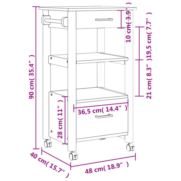 vidaXL Kitchen Trolley MONZA 18.9"x15.7"x35.4" Solid Wood Pine - Image 9