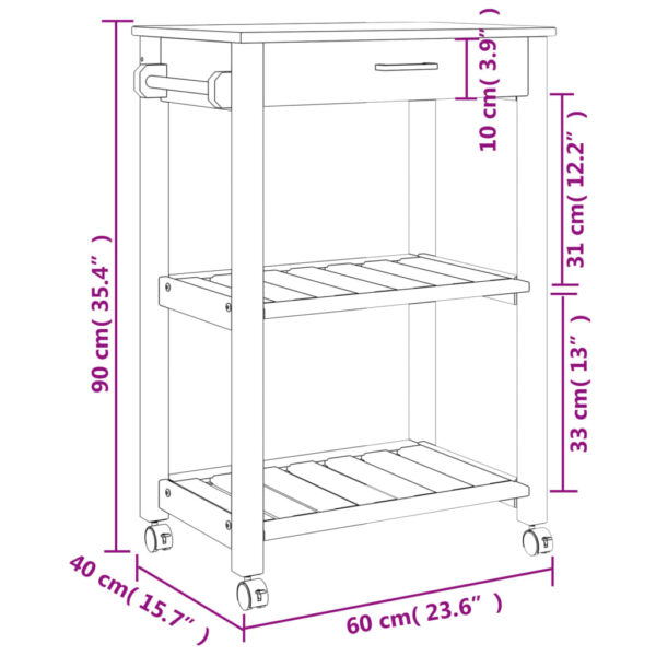 vidaXL Kitchen Trolley MONZA 23.6"x15.7"x35.4" Solid Wood Pine - Image 9