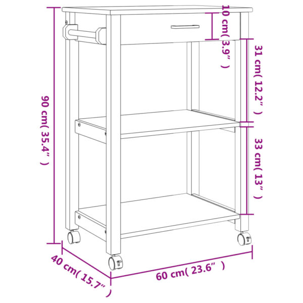 vidaXL Kitchen Trolley MONZA 23.6"x15.7"x35.4" Solid Wood Pine - Image 9