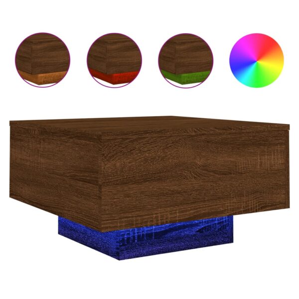 vidaXL Coffee Table with LED Lights Brown Oak 21.7"x21.7"x12.2" - Image 2