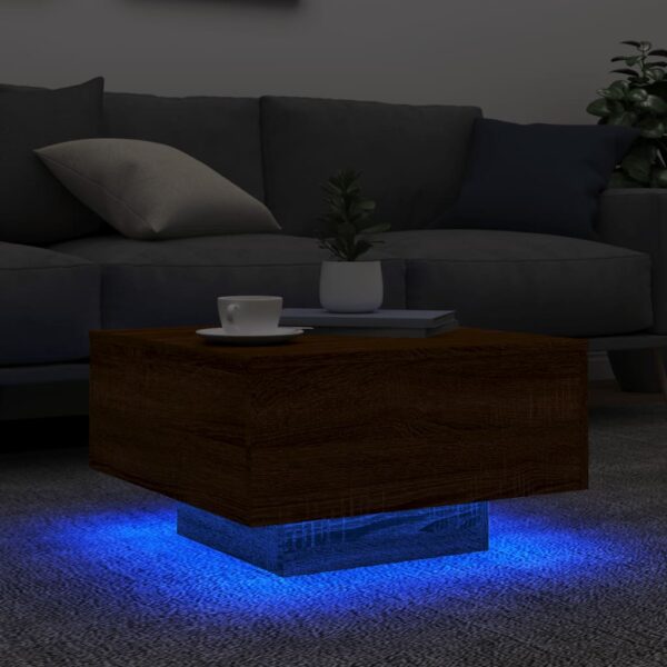 vidaXL Coffee Table with LED Lights Brown Oak 21.7"x21.7"x12.2" - Image 4