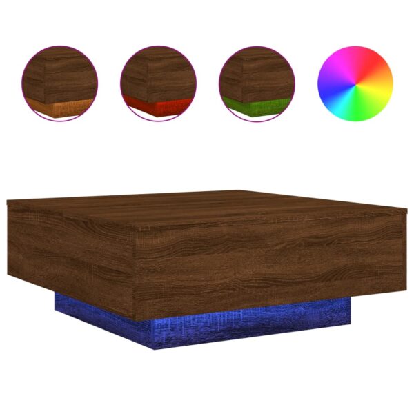 vidaXL Coffee Table with LED Lights Brown Oak 31.5"x31.5"x12.2" - Image 2