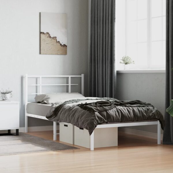 vidaXL Metal Bed Frame with Headboard White 39.4"x78.7" - Image 3