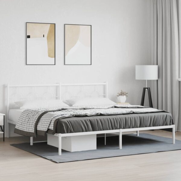 vidaXL Metal Bed Frame with Headboard White 76"x79.9" King - Image 3