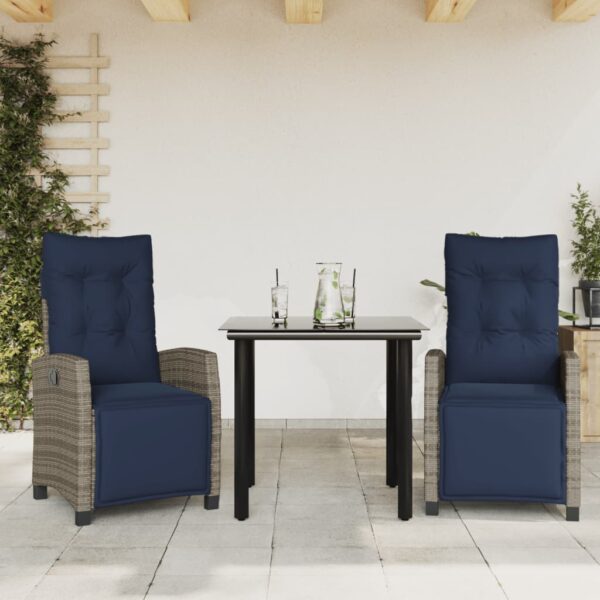 vidaXL 3 Piece Patio Dining Set with Cushions Gray Poly Rattan