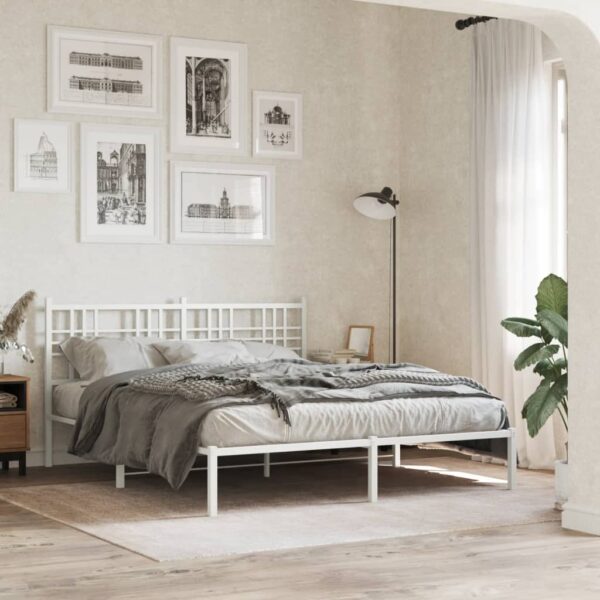 vidaXL Metal Bed Frame with Headboard White 59.1"x78.7" - Image 3