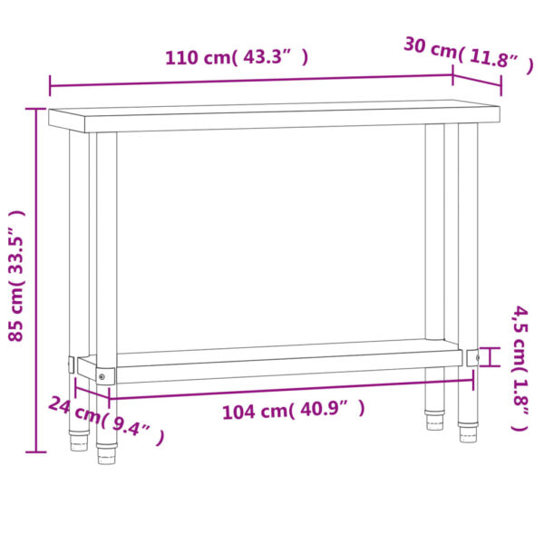 vidaXL Kitchen Work Table 43.3"x11.8"x33.5" Stainless Steel - Image 9