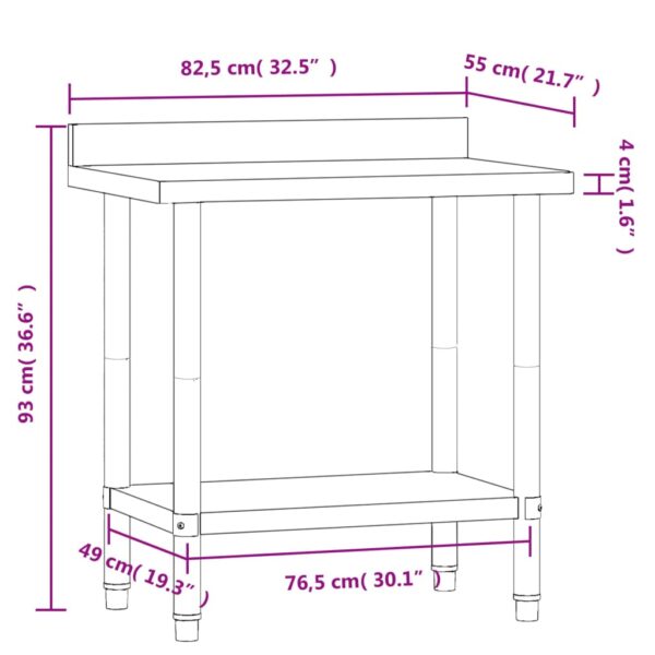 vidaXL Kitchen Work Table with Backsplash 32.5"x21.7"x36.6" Stainless Steel - Image 9