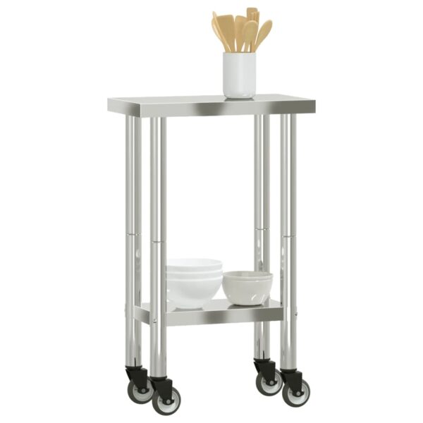 vidaXL Kitchen Work Table with Wheels 21.7"x11.8"x33.5" Stainless Steel - Image 4