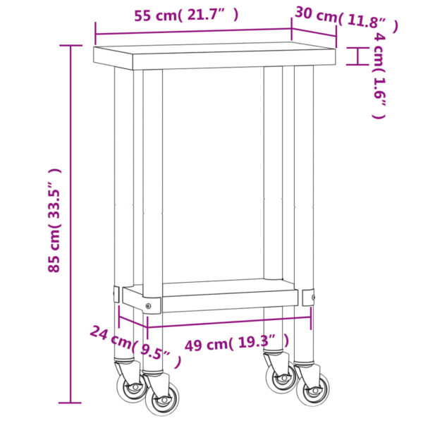 vidaXL Kitchen Work Table with Wheels 21.7"x11.8"x33.5" Stainless Steel - Image 9