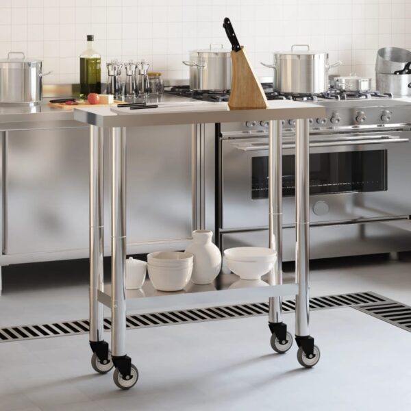 vidaXL Kitchen Work Table with Wheels 32.5"x11.8"x33.5" Stainless Steel - Image 3