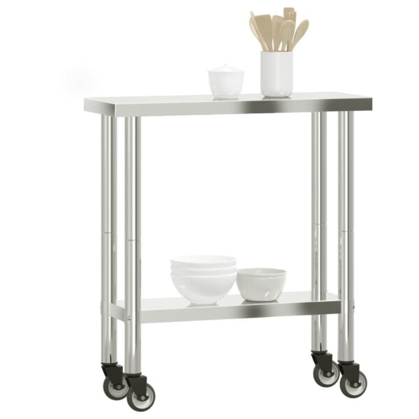 vidaXL Kitchen Work Table with Wheels 32.5"x11.8"x33.5" Stainless Steel - Image 4