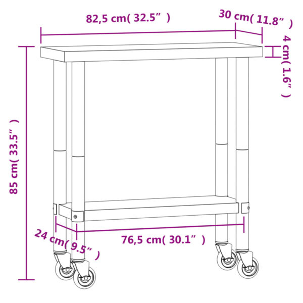 vidaXL Kitchen Work Table with Wheels 32.5"x11.8"x33.5" Stainless Steel - Image 9