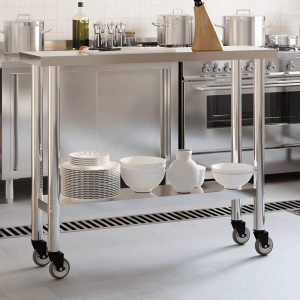 vidaXL Kitchen Work Table with Wheels 43.3"x11.8"x33.5" Stainless Steel - Image 3