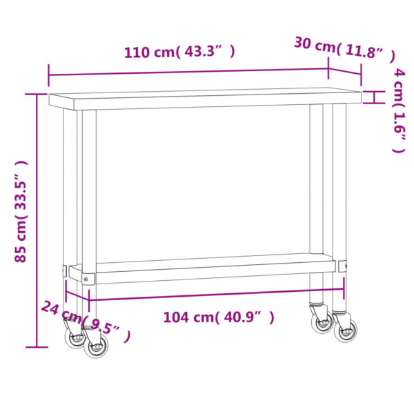 vidaXL Kitchen Work Table with Wheels 43.3"x11.8"x33.5" Stainless Steel - Image 9