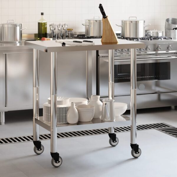 vidaXL Kitchen Work Table with Wheels 32.5"x21.7"x33.5" Stainless Steel - Image 3