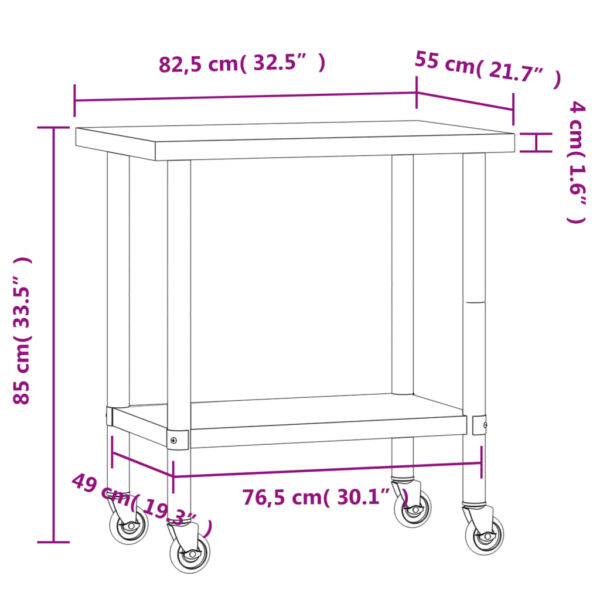 vidaXL Kitchen Work Table with Wheels 32.5"x21.7"x33.5" Stainless Steel - Image 9