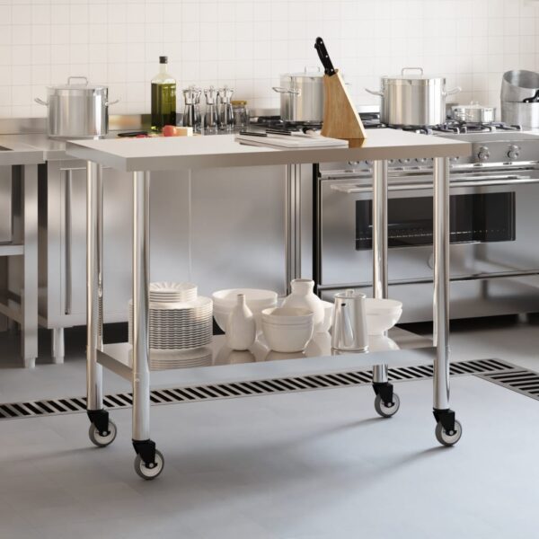 vidaXL Kitchen Work Table with Wheels 43.3"x21.7"x33.5" Stainless Steel - Image 3