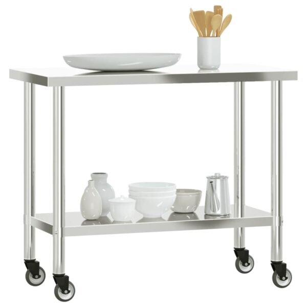 vidaXL Kitchen Work Table with Wheels 43.3"x21.7"x33.5" Stainless Steel - Image 4