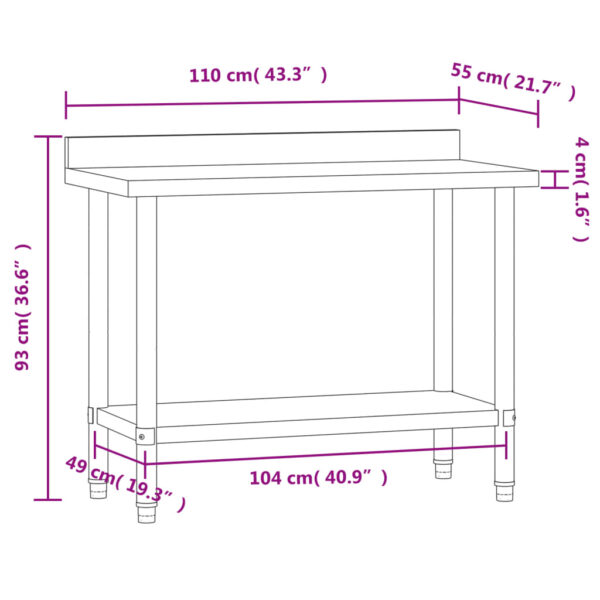 vidaXL Kitchen Work Table with Backsplash 43.3"x21.7"x36.6" Stainless Steel - Image 9