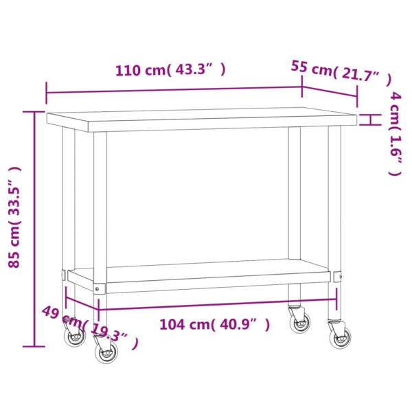 vidaXL Kitchen Work Table with Wheels 43.3"x21.7"x33.5" Stainless Steel - Image 9