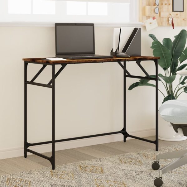 vidaXL Desk Smoked Oak 39.4"x17.7"x29.9" Engineered Wood and Powder-coated Steel - Image 3