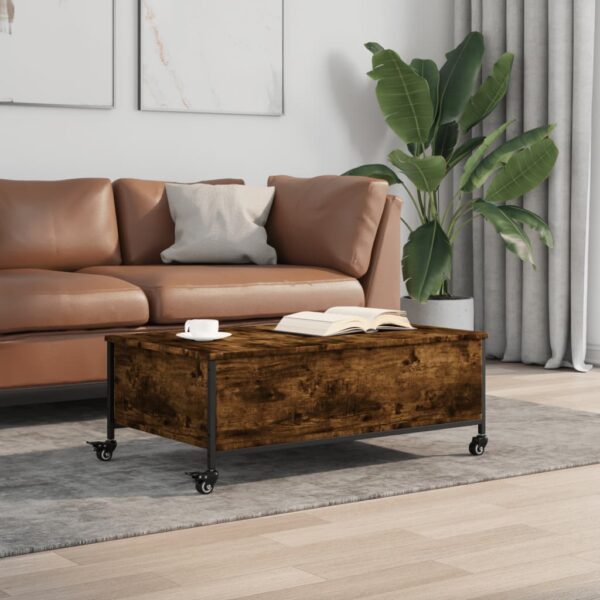 vidaXL Coffee Table withÂ Wheels Smoked Oak 35.8"x21.7"x13.4" EngineeredÂ Wood - Image 3