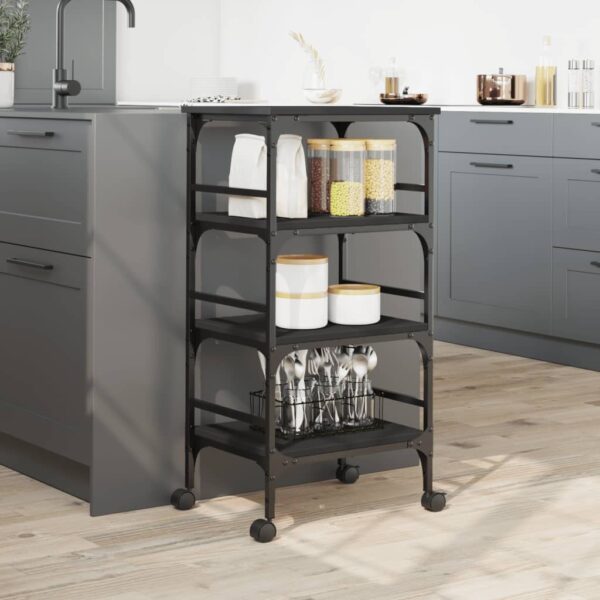 vidaXL Kitchen Trolley Black 17.7"x13.8"x35.2" Engineered Wood - Image 4