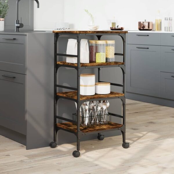 vidaXL Kitchen Trolley Smoked Oak 17.7"x13.8"x35.2" Engineered Wood - Image 4