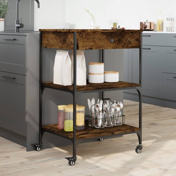 vidaXL Kitchen Trolley Smoked Oak 23.6"x18.9"x35.2" Engineered Wood - Image 4