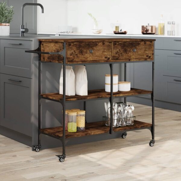 vidaXL Kitchen Trolley Smoked Oak 41.3"x16.5"x37.4" Engineered Wood - Image 4