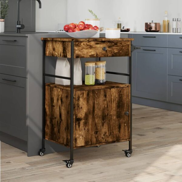 vidaXL Kitchen Trolley Smoked Oak 22"x16.9"x35.2" Engineered Wood - Image 4