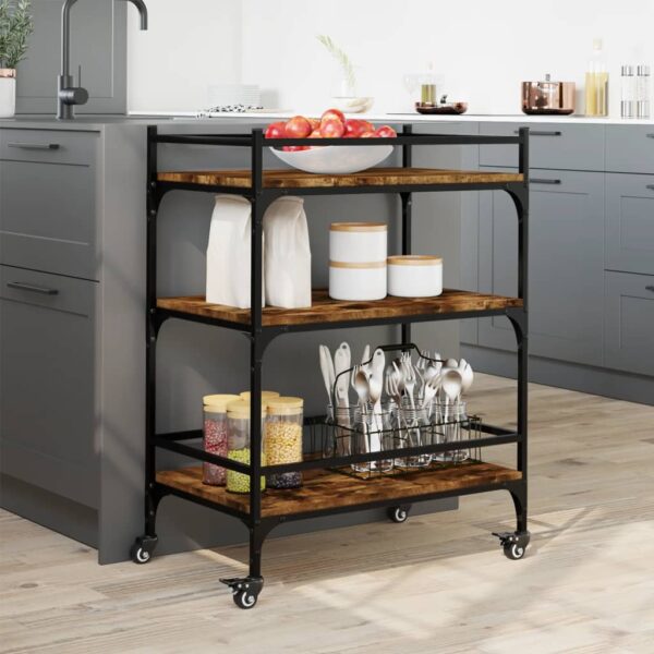 vidaXL Kitchen Trolley Smoked Oak 25.6"x15.7"x34.1" Engineered Wood - Image 3