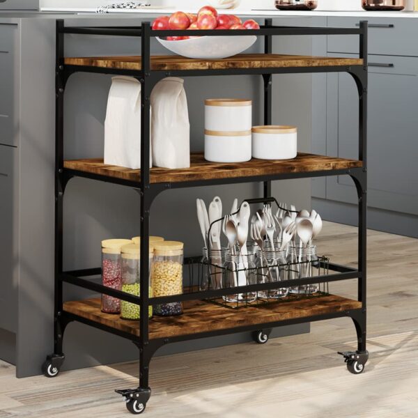 vidaXL Kitchen Trolley Smoked Oak 25.6"x15.7"x34.1" Engineered Wood