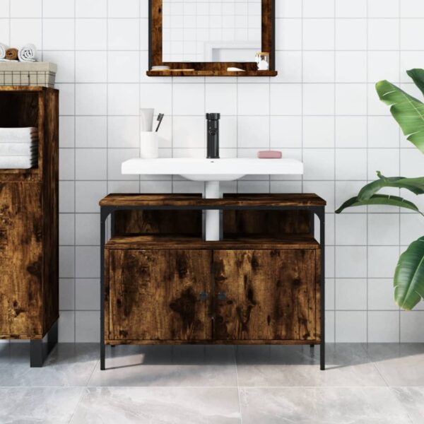 vidaXL Bathroom Sink Cabinet Smoked Oak 31.5"x11.8"x23.6" Engineered Wood - Image 3