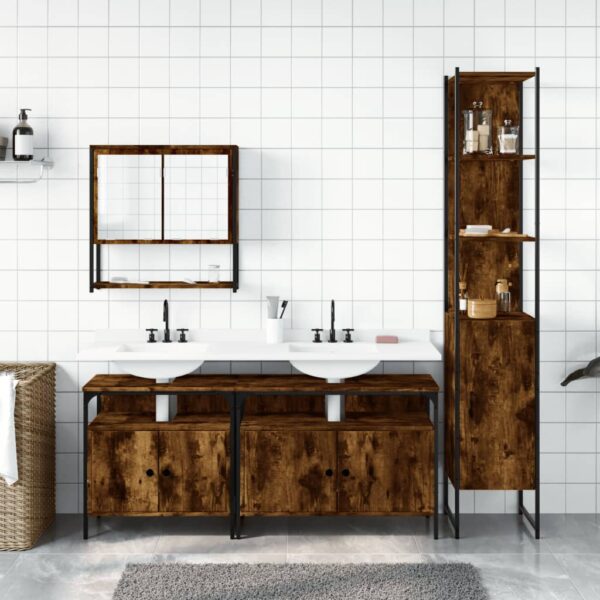 vidaXL 4 Piece Bathroom Furniture Set Smoked Oak Engineered Wood - Image 3